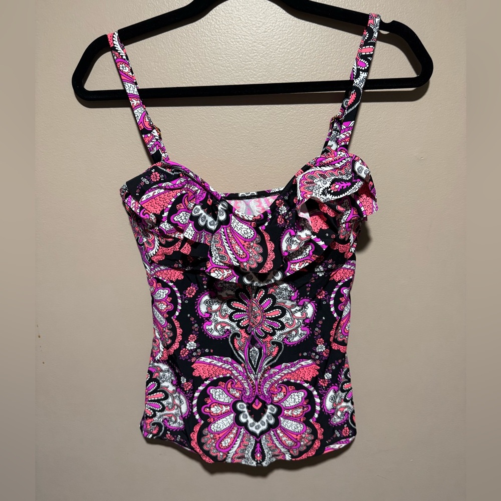 Paisley Patterned Pink Purple and Black Women's Tankini Bathing Suit Top Small